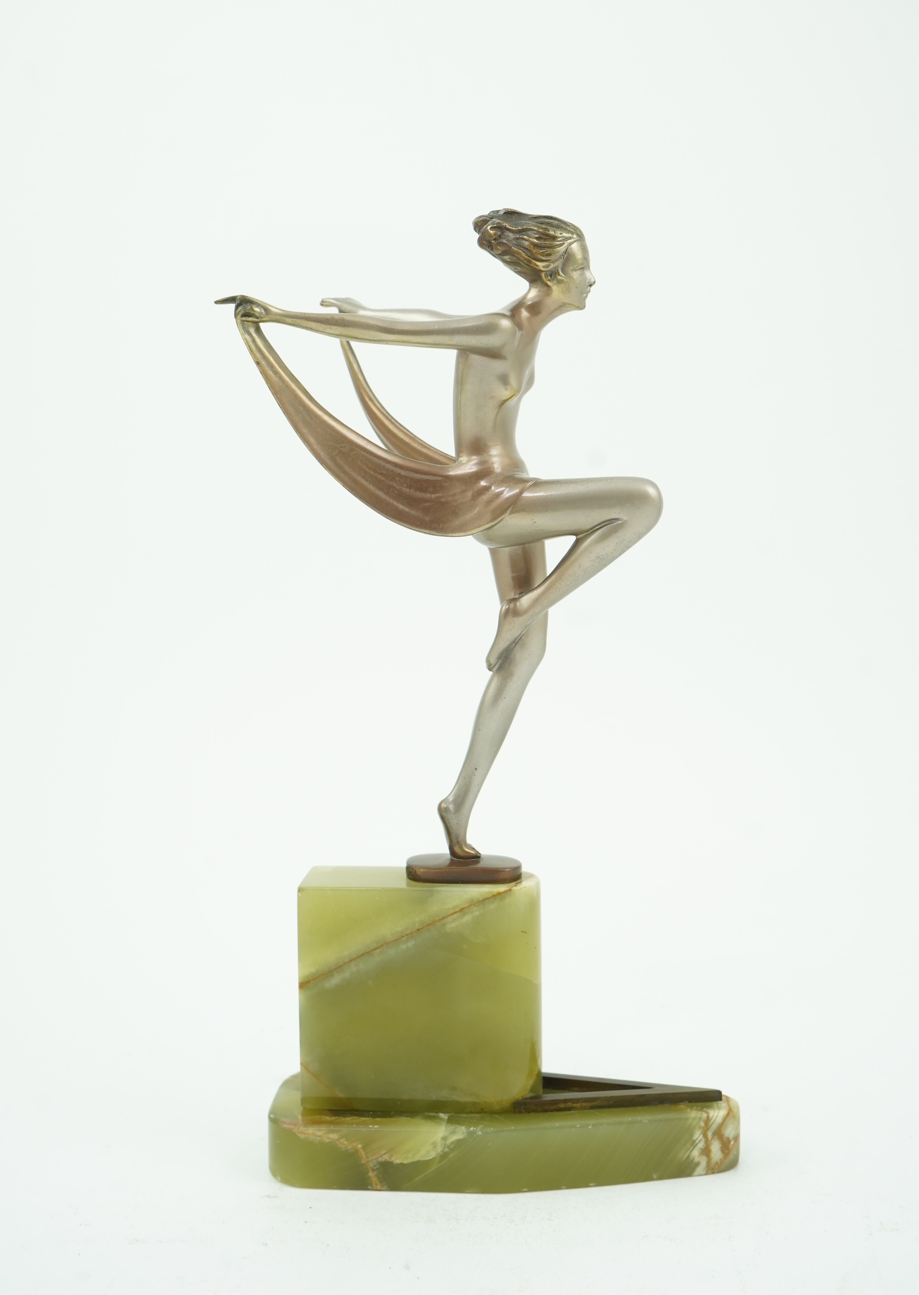 Josef Lorenzl (Austrian, 1892-1950): An Art Deco silvered bronze model of a ‘Scarf Dancer’